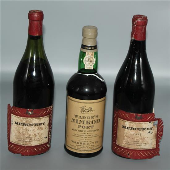 2 x bottles Mercurey, 1952 and 1 x bottle of Warres Nimrod Port
